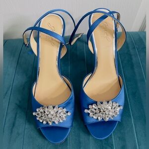 Badgley Mischka Jeweled Hayden peep-toe heels in blue satin 9.5